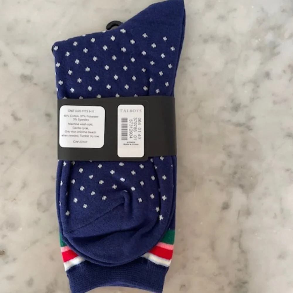 TALBOTS Dulce Stripe Dot Trouser Socks Blue White Polka Dot Woman 9-11